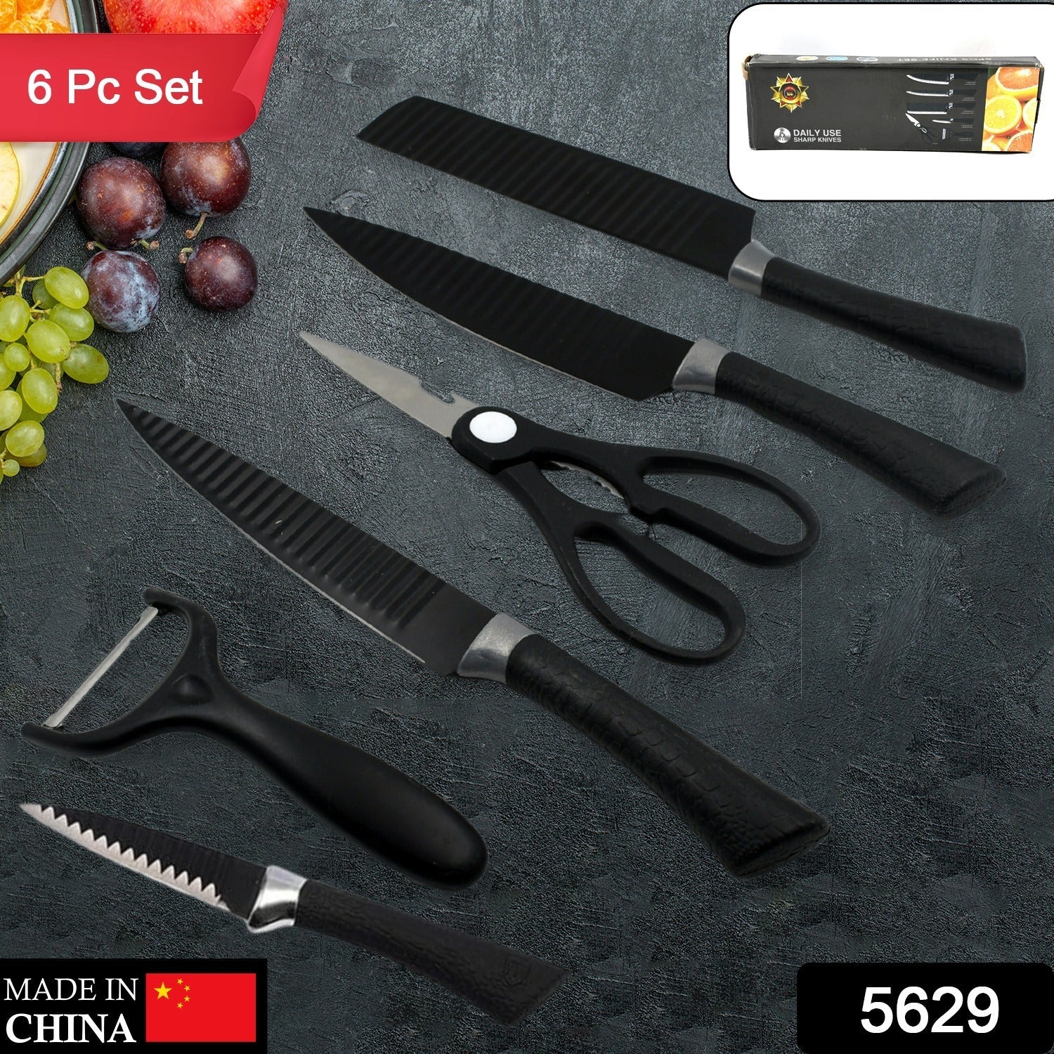 5629 6 Pieces Professional Kitchen Knife Set, Meat Knife, Chef's Knife with Non-Slip Handle for Home, Kitchen and Restaurant with Chef Peeler and Scissor (Stainless Steel / 6 Pcs Set) 5629 6 Pieces Professional Kitchen Knife Set, Meat Knife, Chef's Knife with Non-Slip Handle for Home, Kitchen and Restaurant with Chef Peeler and Scissor (Stainless Steel / 6 Pcs Set)
